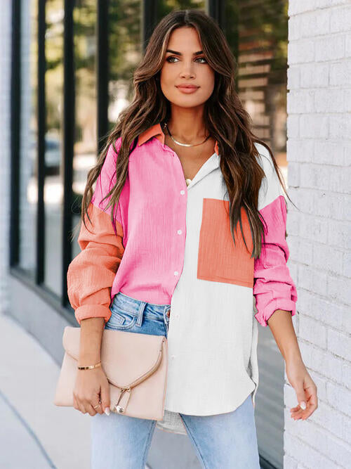 Color Block Button Up Collared Neck Shirt