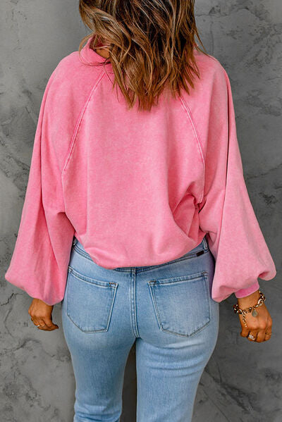 Sequin Flower Half Snap Lantern Sleeve Sweatshirt