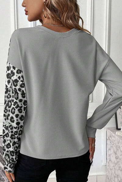 Leopard Color Block Round Neck T-Shirt