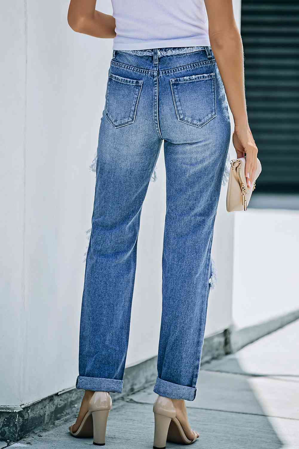 Distressed Frayed Trim Straight Leg Jeans