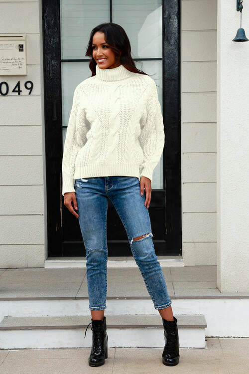 Cable-Knit Turtleneck Long Sleeve Sweater