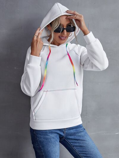 Contrast Stitching Drawstring Raglan Sleeve Hoodie